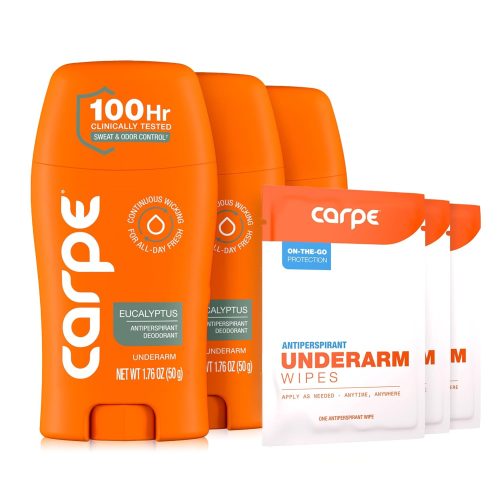 Carpe Antiperspirant Deodorant. Eucalyptus - 3 Pack + 3 Bonus Wipes | 100-Hour Sweat & Odor Control. Clinical Strength Antiperspirant Deodorant. Eucalyptus. 3 Pack + 3 Bonus Wipes